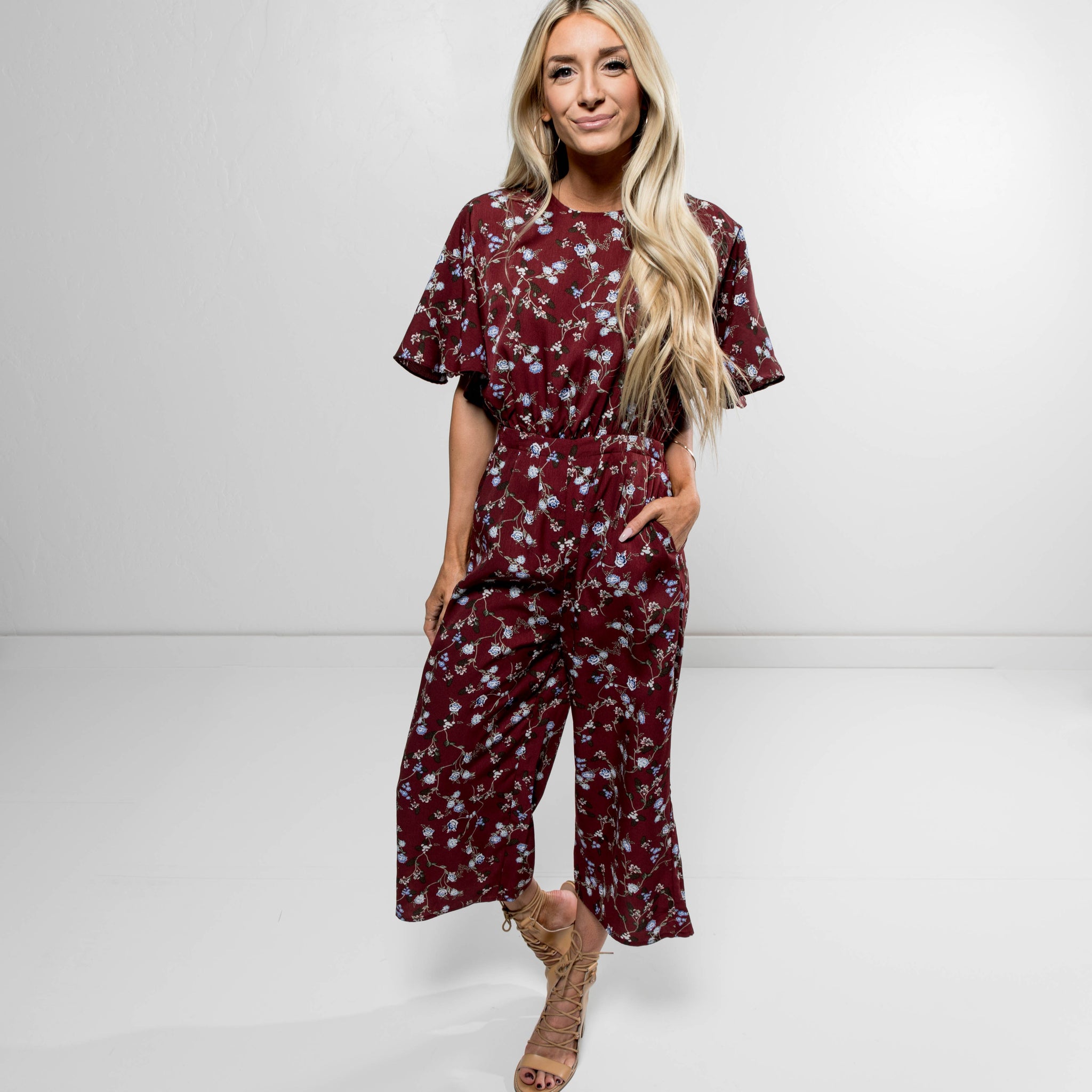 Echo Printed Jumpsuit in Burgundy