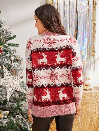 ELK PRINT FUZZY SWEATER