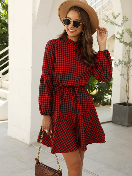 GINGHAM  DRAWSTRING WAIST DRESS