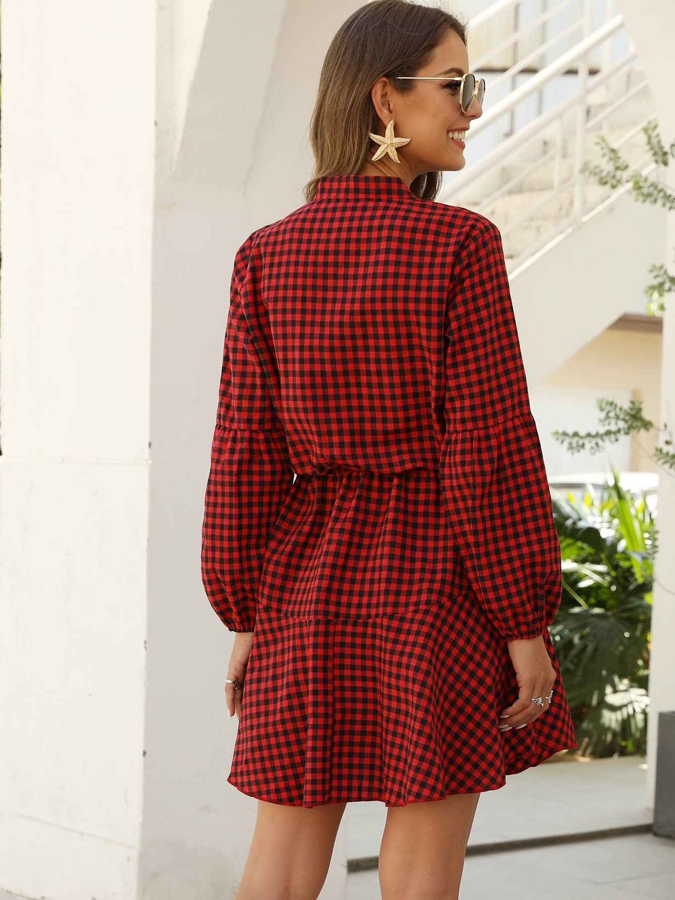 GINGHAM  DRAWSTRING WAIST DRESS